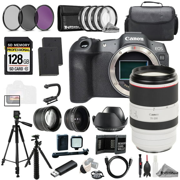 Canon EOS R8 Camera + RF 70-200mm f/2.8L IS USM Lens+128GB+Ext Bat+9 PC Filtr MEGA Kit (International Version)