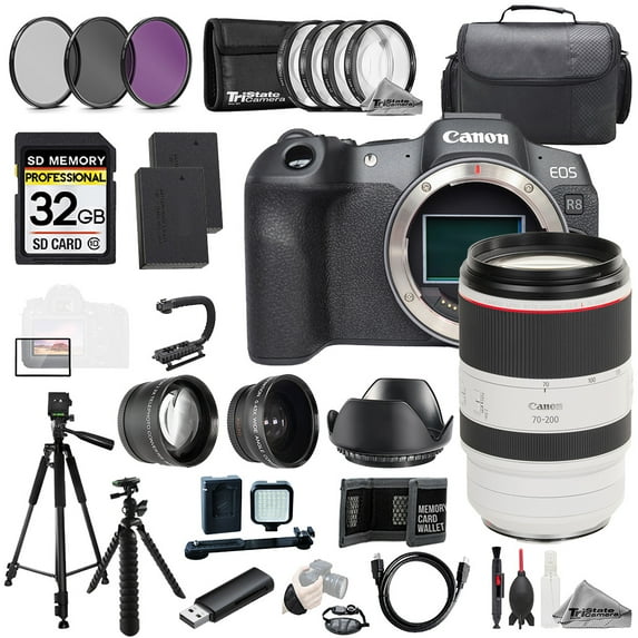 Canon EOS R8 Camera + RF 70-200mm f/2.8L IS USM Lens +32GB+Ext Bat+9 PC Filtr-MEGA Kit (International Version)