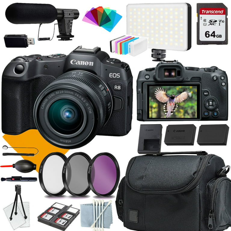 Canon EOS R8 Camera with Canon RF 24-50mm f/4.5-6.3 IS STM Lens+COMMANDER  Starter Kit+Lens Filters+CASE+64Memory Card+Extra Battery(18PC) 