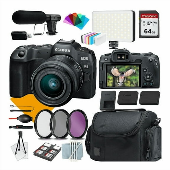 Canon EOS R8 Camera with Canon RF 24-50mm f/4.5-6.3 IS STM Lens+COMMANDER Starter Kit+Lens Filters+CASE+64Memory Card+Extra Battery(18PC)