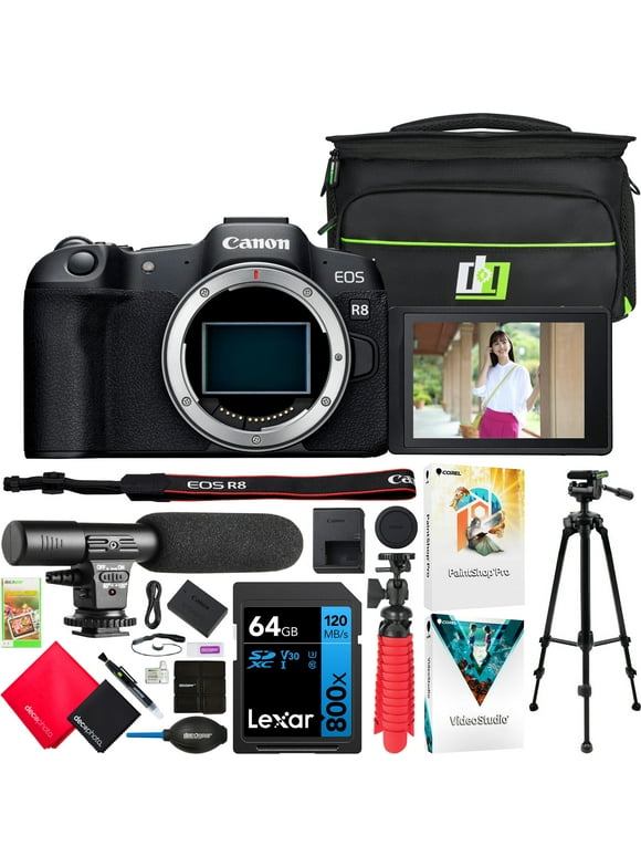 Canon EOS R8 Full Frame Mirrorless Interchangeable Lens Camera Body 5803C002 Bundle with Deco Gear Photography Bag + Microphone + Tripod + Software & Accessories Kit