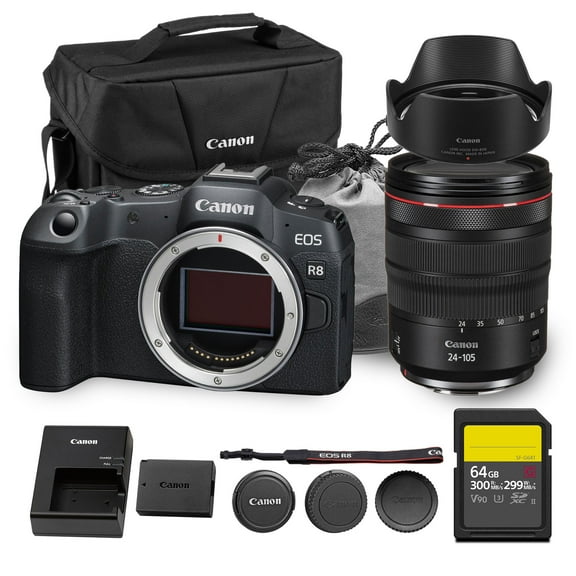 Canon EOS R8 Mirrorless Camera | 24.2MP Full Frame Sensor 4K 60p Video | Compact Lightweight Hybrid Camera for Travel and Content (5803C002) + Canon RF 24-105mm Lens + 64GB Card + Bag