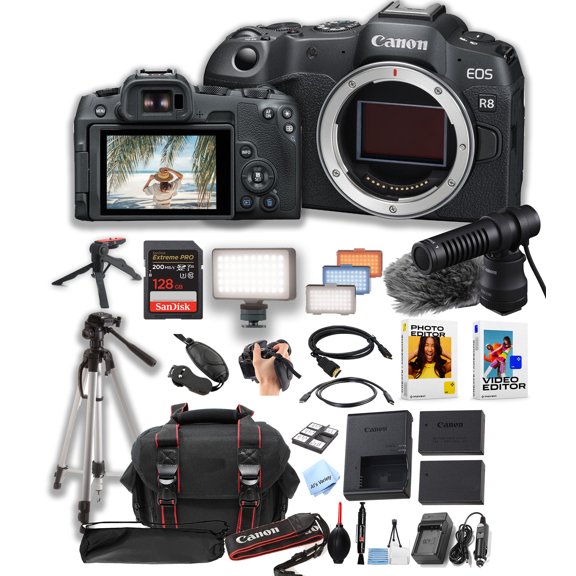 Canon EOS R8 Mirrorless Camera Body + 128GB Pro Speed Memory + EF-RF Lens Adapter + Led Video Light + Microphone +Case + Tripod + Software Pack-Video Bundle (International Version)
