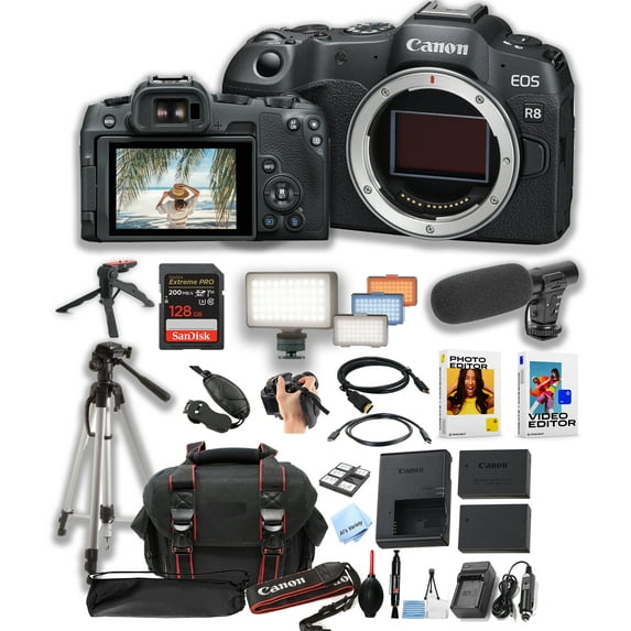 Canon EOS R8 Mirrorless Camera Body + 128GB Pro Speed Memory + Led Video Light + Microphone +Case + Tripod + Software Pack-Video Bundle (International Version)
