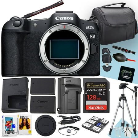 Canon EOS R8 Mirrorless Camera (Body Only) + 128 GB Memory + Tripod + Monopod + Extra Battery + More (19pc Bundle)