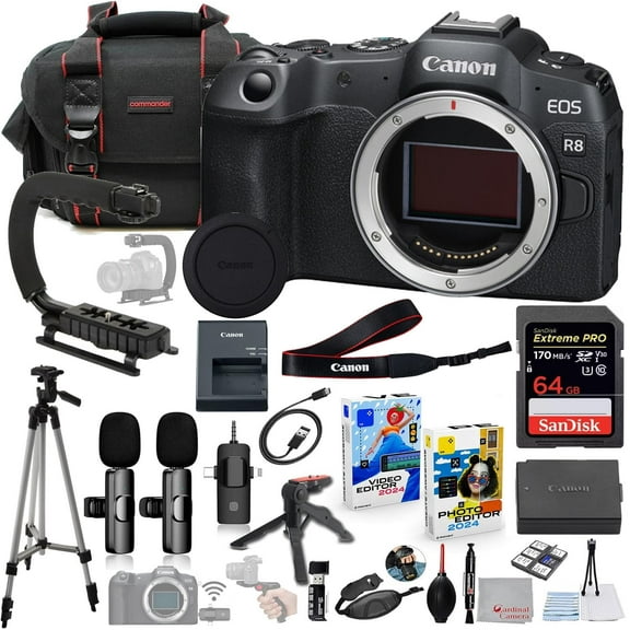 Canon EOS R8 Mirrorless Camera (Body Only) Bundle with with Commander Gear Bag + Wireless Microphone System + 64GB Extreme Memory Card + Accessory Kit