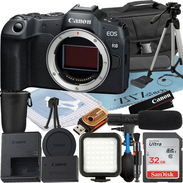 Canon EOS R8 Mirrorless Camera (Body) with Mount Adapter + SanDisk 32GB Memory Card + Case + LED Flash + ZeeTech Accessory Bundle (International Version)