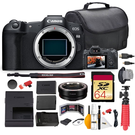 Canon EOS R8 Mirrorless Camera Bundle | 24.2MP Full-Frame Sensor, Dual Pixel CMOS AF II & 4K 60p Video| For Travel, Portraits, & Content Creators (5803C002) + Adapter EF-EOS R + 64GB Card + More