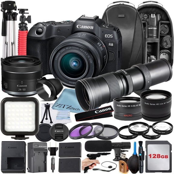 Canon EOS R8 Mirrorless Camera with RF 24-50mm + 420-800mm Super Telephoto Zoom Lens + 128GB Memory Card + Backpack + Tripod + ZeeTech Accessory Bundle (International Version)
