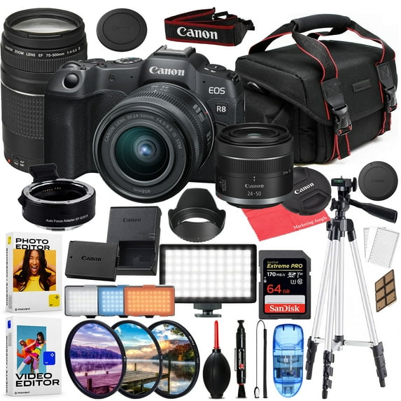 Canon EOS R8 Mirrorless Camera with RF 24-50mm & EF 75-300mm Lens Bundled Kit + Accessory Package with LED Video Light, HD Filters, 64GB Extreme SD, Case, & Editing Software Package