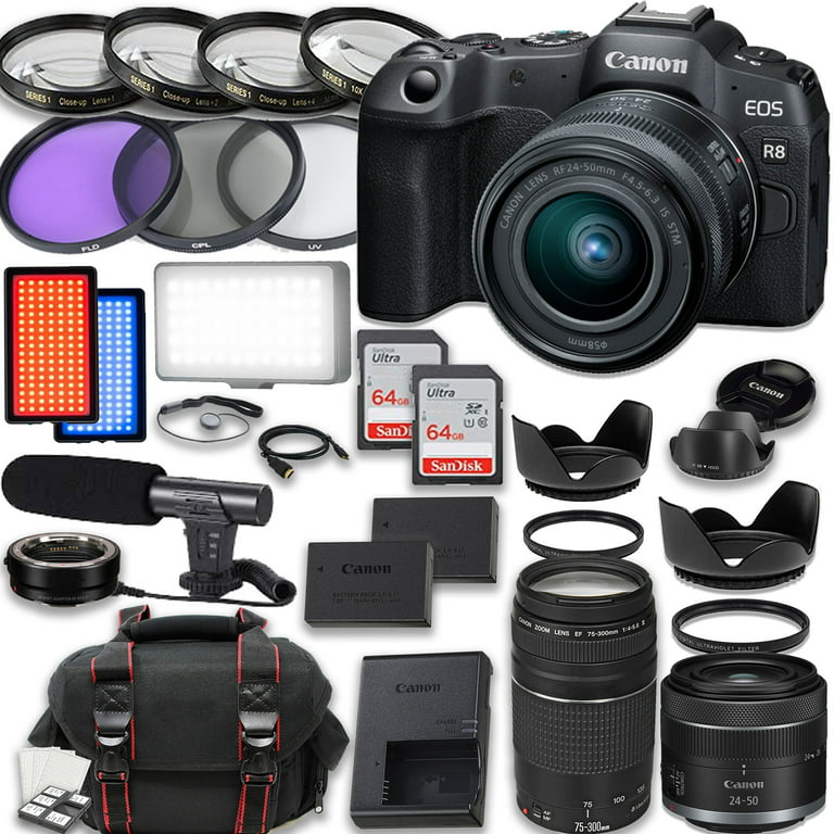 Canon EOS R8 Mirrorless Camera with Canon RF 24-50mm f/4.5-6.3 IS STM Lens  + 75-300mm III Lens + Accessories included: 2X 64GB Memory Cards, LED Video  Light, Microphone, Extra Battery, Case 