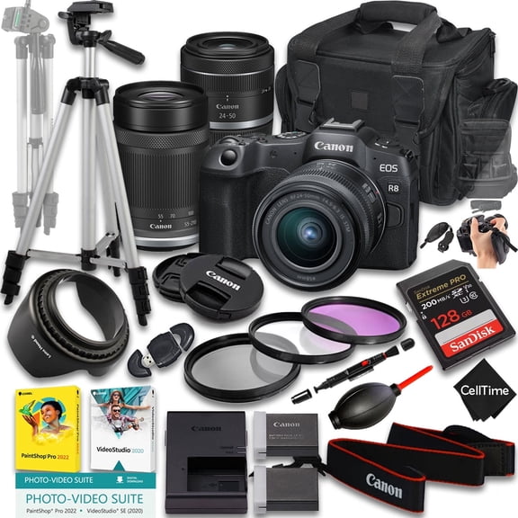 Canon EOS R8 Mirrorless Camera with RF 24-50mm f/4.5-6.3 IS STM And 55-210mm f/5-7.1 IS STM Lens + 128GB Memory + Extra Battery + Camera Case + Tripod + More (23pc Bundle) (International Version)