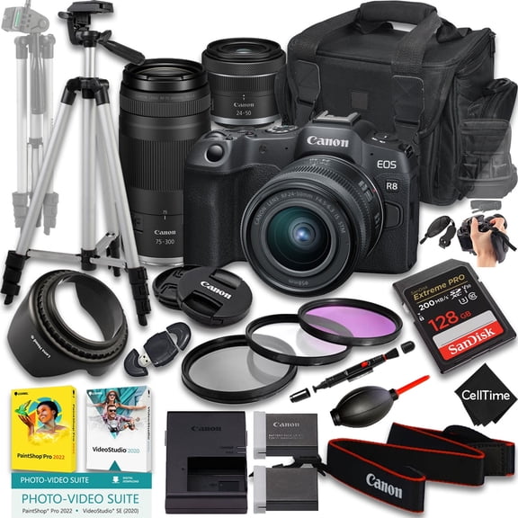 Canon EOS R8 Mirrorless Camera with RF 24-50mm f/4.5-6.3 IS STM And 75-300mm f/4-5.6 Lens + 128GB Memory + Extra Battery + Camera Case + Tripod + More (23pc Bundle) (International Version)