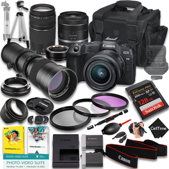 Canon EOS R8 Mirrorless Camera with RF 24-50mm f/4.5-6.3 IS STM And EF 75-300mm f/4-5.6 III & 420-800mm f/8 Lens + Mount Adapter + 128 GB Memory + Extra Battery + More (26pc Bundle)