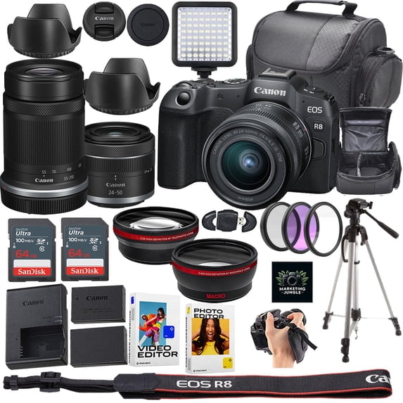 Canon EOS R8 Mirrorless Camera with RF 24-50mm and RF-S 55-210mm Lenses 23pc Bundle Black