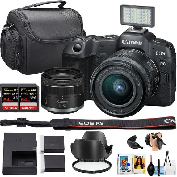 Canon EOS R8 Mirrorless Camera w/24-50mm Lens + 2pc Sandisk 64GB Extreme Memory Card + Camera Case + More (15pc Bundle)