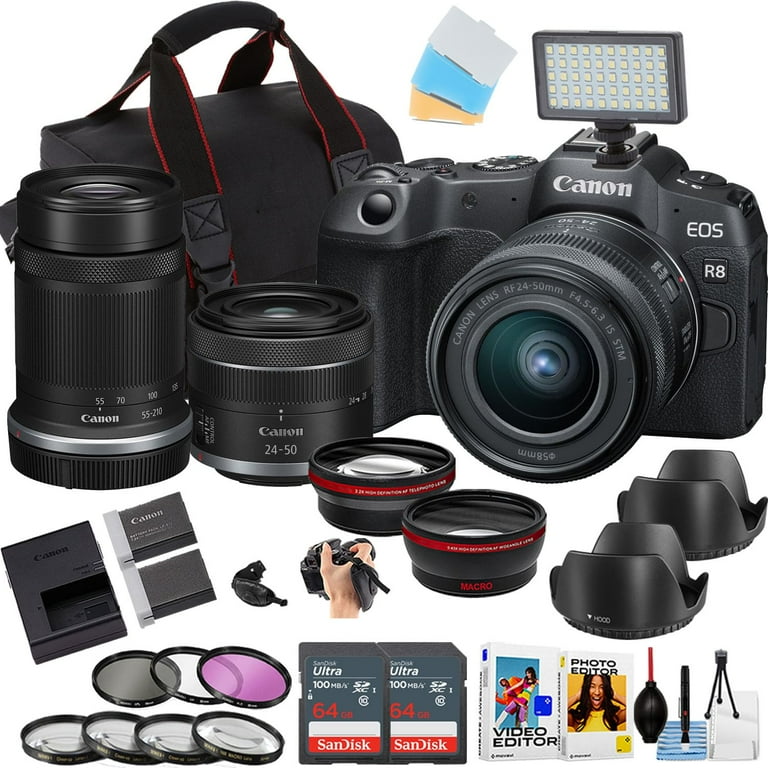 Canon EOS R8 Mirrorless Camera w/24-50mm and 55-210mm Lens + 2pc