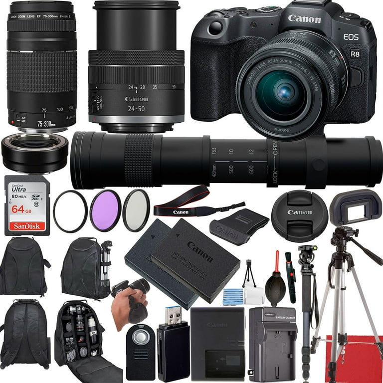 Canon EOS R8 Mirrorless Camera with 24-50mm, EF 75-300mm 420