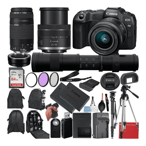 Canon EOS R8 RF 4K Mirrorless Camera with 24-50mm, 75-300mm & 420 
