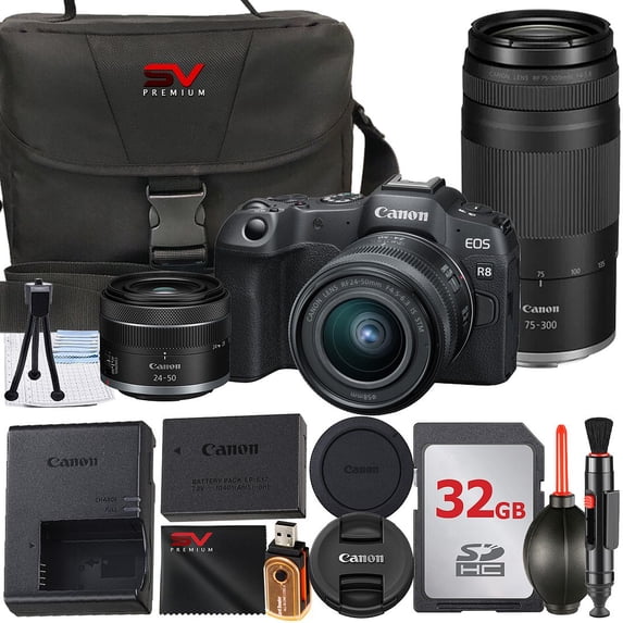 Canon EOS R8 Mirrorless Camera with RF 24-50mm + 75-300mm Lens + 32GB ...