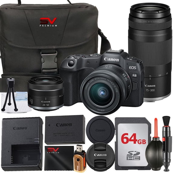 Canon EOS R8 Mirrorless Camera with RF 24-50mm + 75-300mm Lens + 64GB ...