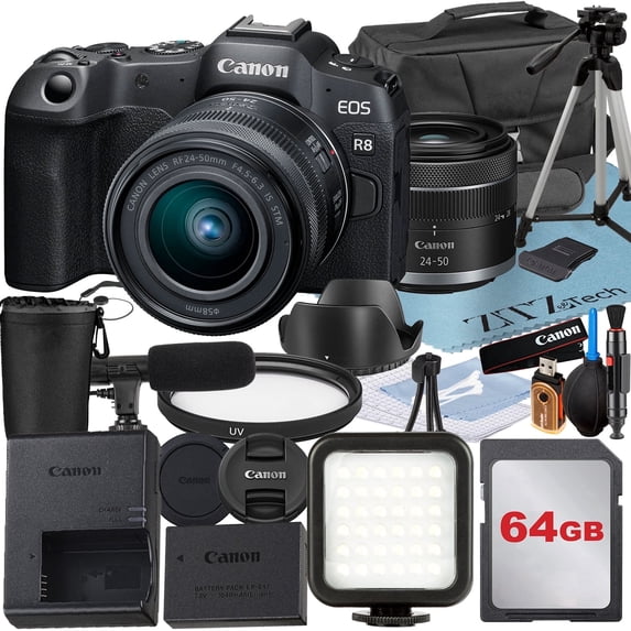 Canon EOS R8 Mirrorless Camera with RF 24-50mm Lens + 64GB Memory Card + Case + LED Flash + ZeeTech Accessory Bundle (International Version)