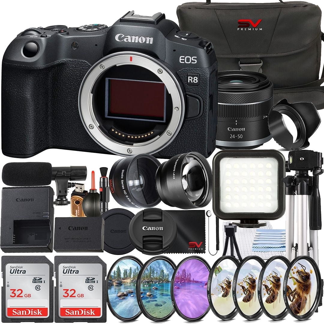 Canon EOS R8 Camera, 24.2MP, 4K60p, RF 24-50mm Lens, 2x32GB Cards, LED ...