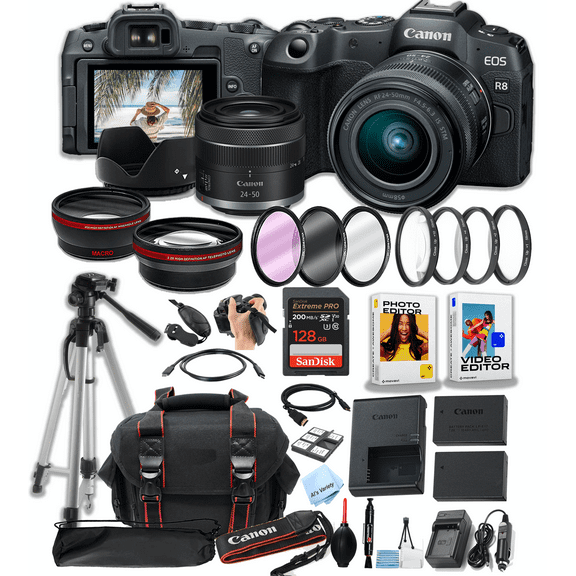 Canon EOS R8 Mirrorless with RF 24-50mm f/4.5-6.3 is STM Lens + 128GB Pro Speed Memory + Case + Tripod + Software Pack -Proffesional Bundle