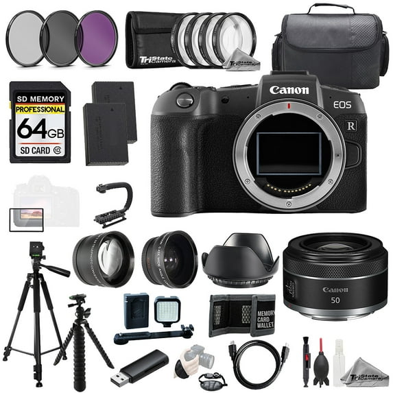 Canon EOS RP Camera + RF 50mm f/1.8 STM Lens+64GB+Ext Bat+9 PC Filter-MEGA Kit (International Version)