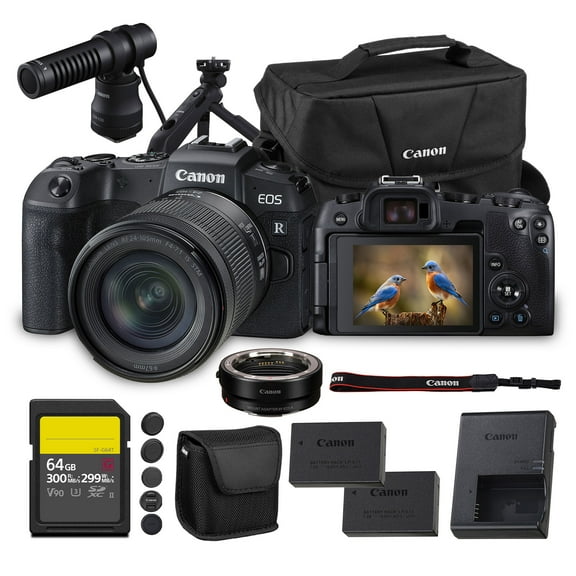 Canon EOS RP Mirrorless Camera with 24-105mm f/4-7.1 Lens | 26.2MP Full-Frame Sensor, Dual Pixel AF & 4K Video | For Travel & Portrait Photography (3380C132) + Adapter EF-EOS R + DM-E100 Mic + More