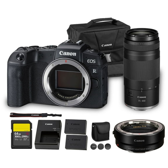 Canon EOS RP Mirrorless Camera | 26.2MP Full Frame Sensor | 4K Video Recording | Lightweight Compact Camera for Travel and Everyday Content Creation + Canon RF 75-300mm Lens + Adapter EF-EOS R + More