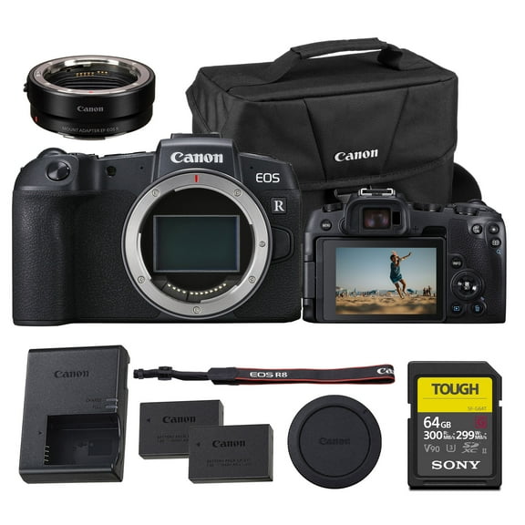 Canon EOS RP Mirrorless Camera (Body Only) – Full-Frame 26.2MP CMOS Sensor, Dual Pixel Autofocus, Vari-Angle Touchscreen, 4K Video, Wi-Fi (3380C002) + Canon Adapter EF-EOS R + 64GB Card + More