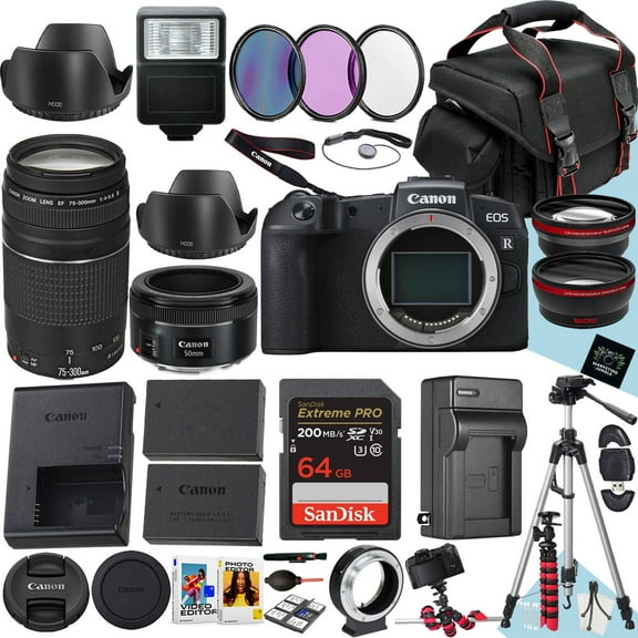 Canon EOS RP Mirrorless Camera With EF 50mm f/1.8 STM And EF 75-300mm f/4-5.6 III Lens + 64 GB Memory + Extra Battery + Battery Charger + Filters + Tripod + More (34pc Bundle) (International Version)