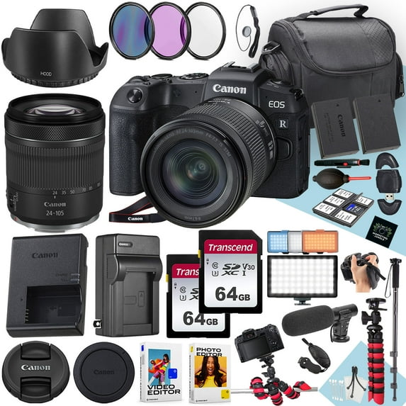 Canon EOS RP Mirrorless Camera With RF 24-105mm f/4-7.1 IS STM Lens + 128 GB Memory + LED Light + Microphone + Extra Battery + Battery Charger + Filters + More (30pc Bundle) (International Version)