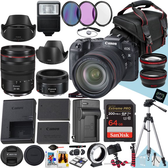 Canon EOS RP Mirrorless Camera With RF 24-105mm f/4 L IS USM And EF 50mm f/1.8 STM Lens + 64 GB Memory + Extra Battery + Battery Charger + Filters + Tripod + More (35pc Bundle) (International Version)