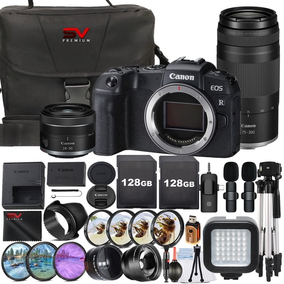 Canon EOS RP Mirrorless Camera with RF 24-50mm + 75-300mm Lens + 2 Pack 128GB Memory Card + Case + Wide Angle + SV Premium Accessory Bundle (International Version)