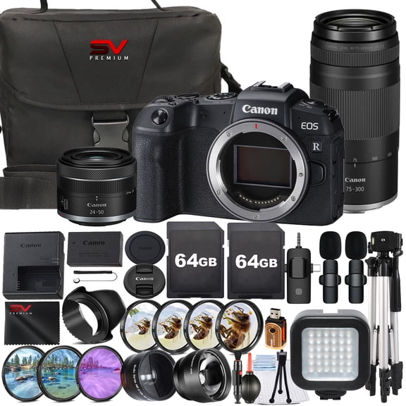 Canon EOS RP Mirrorless Camera with RF 24-50mm + 75-300mm Lens + 2 Pack 64GB Memory Card + Case + Wide Angle + SV Premium Accessory Bundle (International Version)