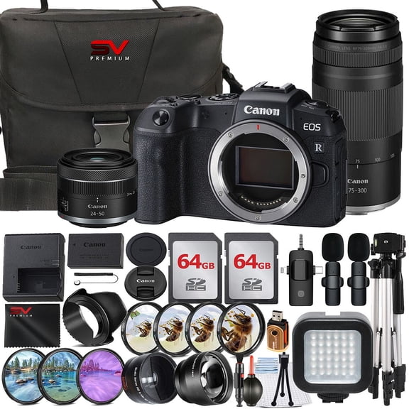 Canon EOS RP Mirrorless Camera with RF 24-50mm + 75-300mm Lens + 2 Pack 64GB Memory Card + Case + Wide Angle + SV Premium Accessory Bundle (International Version)