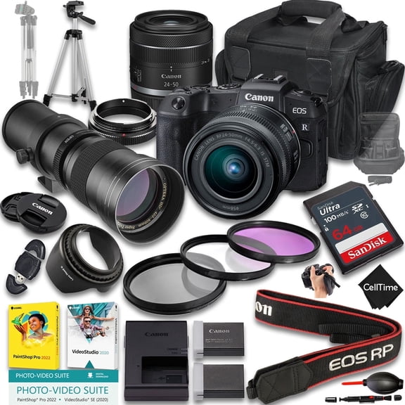 Canon EOS RP Mirrorless Camera with RF 24-50mm f/4.5-6.3 IS STM And 420-800mm f/8 Manual Super HD Telephoto Lens + 128GB Memory + Extra Battery + More (21pc Bundle) (International Version)