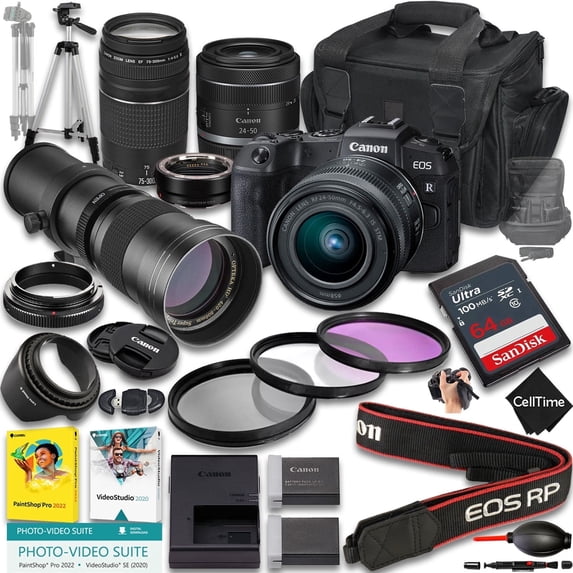 Canon EOS RP Mirrorless Camera with RF 24-50mm f/4.5-6.3 IS STM And EF 75-300mm f/4-5.6 III & 420-800mm f/8 Lens + 128GB Memory + Extra Battery + More (25pc Bundle) (International Version)