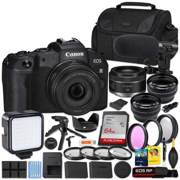 Canon EOS RP Mirrorless Camera + RF 50mm f/1.8 STM Lens | Portrait & Low-Light Kit, SanDisk Ultra 64GB Card, Camera Case, Extra Battery, Gripster Tripod, Video Mic (International Model)