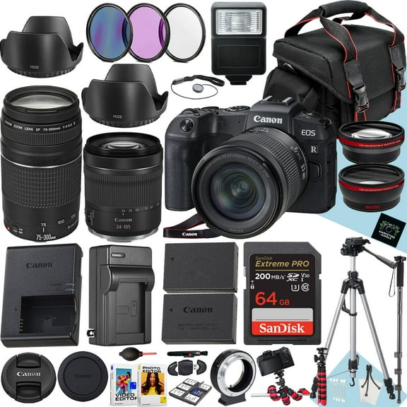 Canon EOS RP Mirrorless Camera With RF 24-105mm f/4-7.1 IS STM Lens And EF 75-300mm f/4-5.6 III Lens + 64 GB Memory + Extra Battery + Battery Charger + Filters + Tripod + More (35pc Bundle)
