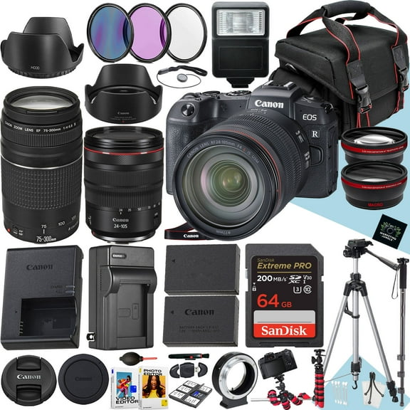 Canon EOS RP Mirrorless Camera With RF 24-105mm f/4 L IS USM And EF 75-300mm f/4-5.6 III Lens + 64 GB Memory + Extra Battery + Battery Charger + Filters + Tripod + More (36pc Bundle)
