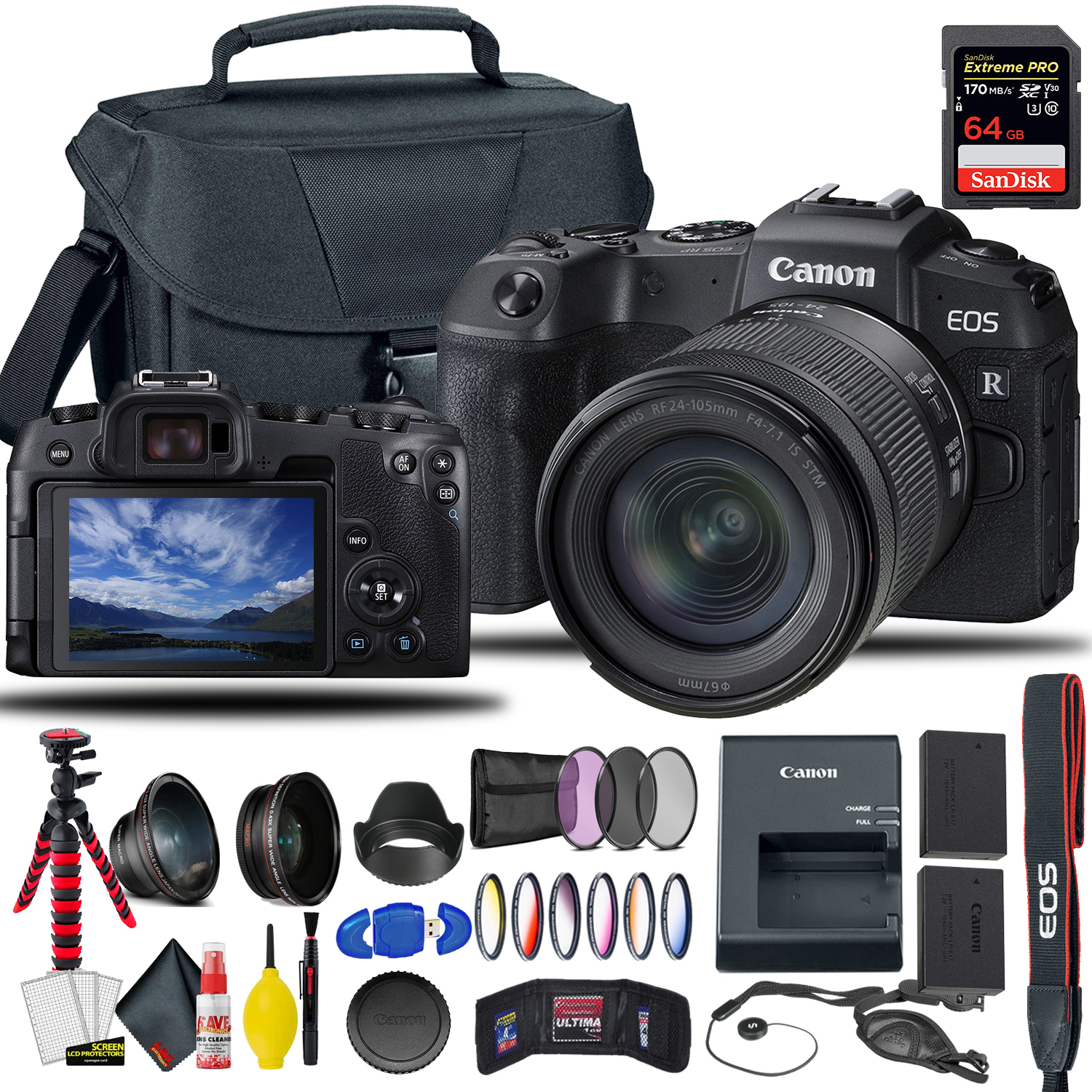 Canon EOS RP Mirrorless Digital Camera with 24-105mm f/4-7.1 Lens + Extra Canon Battery, Creative Filters + EOS Camera Bag + Sandisk Extreme Pro 64GB Card + 6AVE Cleaning Set, + More - image 1 of 4