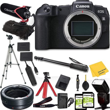 Canon EOS RP Mirrorless Digital Camera (Body Only) + Mount Adapter + Pro Accessory kit (Microphone w/Windshield, Tripods, Flashlight, Memory Cards and More)