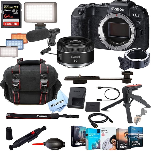 Canon EOS RP Mirrorless Digital Camera with RF 50mm f/1.8 STM Lens Bundle + 1 Shot-Gun Microphone + LED Always on Light+ 64GB Extreme Speed Card, Gripod, Case, and More (International Model)