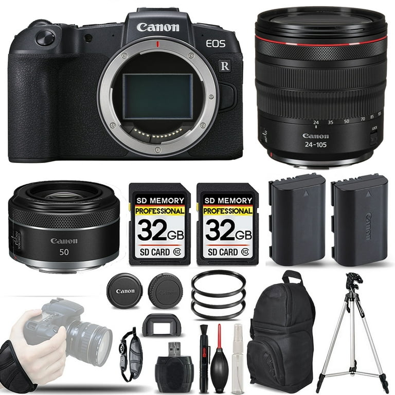 Canon EOS RP Mirrorless SLR Camera + Canon 24-105mm f/4L IS USM Lens + Canon  50mm 1.8 Lens + Backup Battery + 64GB Kit. All Original Accessories  Included - International Version 