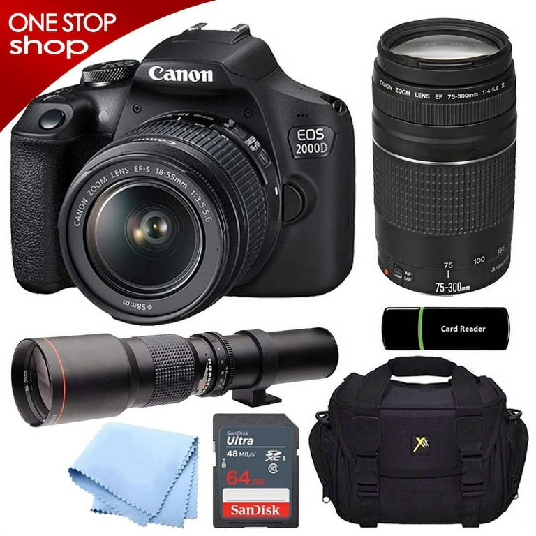 Canon EOS Rebel 2000D DSLR Camera with 18-55mm is II Lens Bundle + Canon EF  75-300mm f/4-5.6 III Lens and 500mm Preset Lens + 64GB Memory + Padded