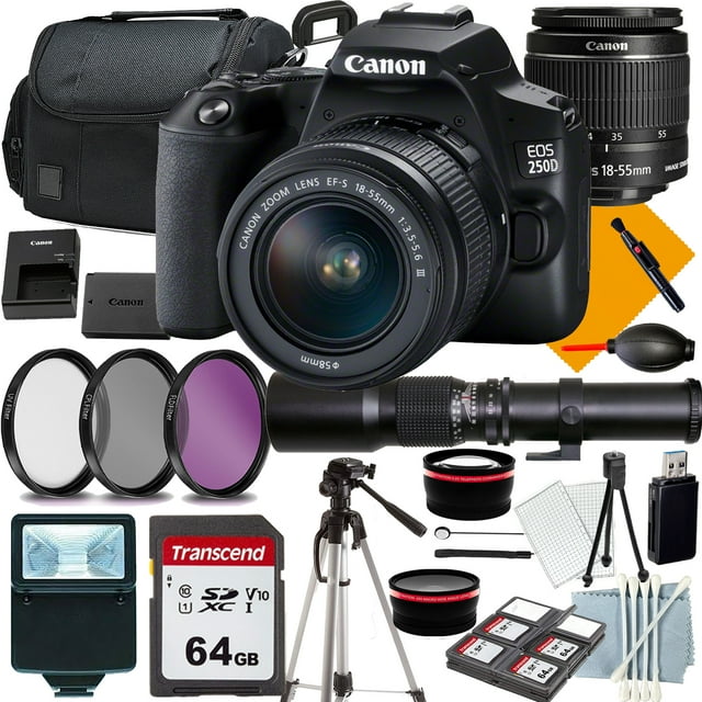 Canon EOS Rebel 250D Camera with 18-55mm+500mm f/8.0 Telephoto Lens for T-mount+COMMANDER Starter Kit+Lens Filters+CASE+64Memory Cards(18PC)