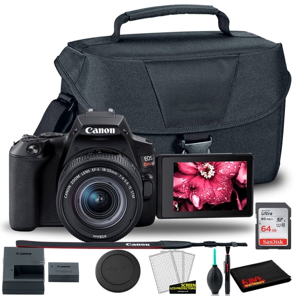Canon EOS Rebel 250D/SL3 DSLR Camera with 18-55mm Lens (Black) + EOS Bag + Sandisk Ultra 64GB Card + Cleaning Set and More(International Model)